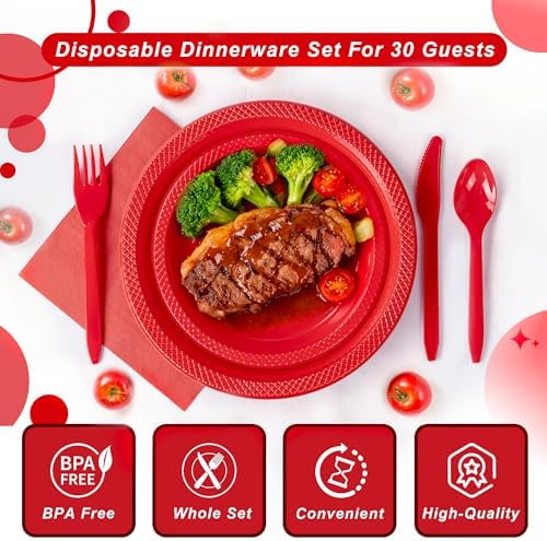 WELLIFE 210Pcs Red Plastic Plates,Party Plates and Cups and Napkins Sets - Image 3