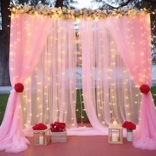 10ft x 8ft Pink Backdrop Curtain with Lights String for Parties, Sheer Tulle Wedding Photo Backdrops Drapes for Baby Shower Birthday Party Decorations Background for Photography - Image 2