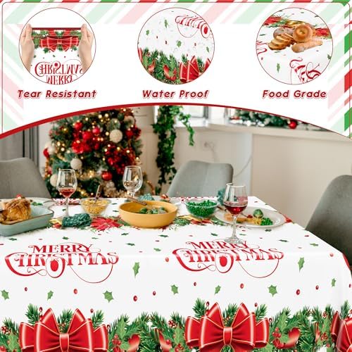 QZYL 2 Pack Christmas Tablecloths, 54" x 108" Xmas Plastic Table Cloth, Poinsettia Holly Bells Design Holiday Disposable Tablecover Rectangle Tablecloth, Christmas Decor Holiday Table Decorations - Image 3