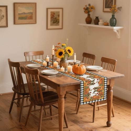 Buffalo Plaid Pumpkin Bow Table Runner 13x72 Inch - Easy-Clean Fall Thanksgiving Decor for Kitchen Dining Home Party - Image 2