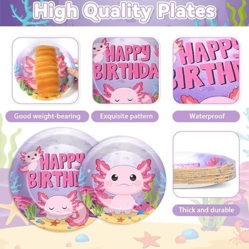 100 Pcs Axolotl Birthday Party Supplies Pink Axolotl Disposable Paper Plates Forks Tableware Sets Cute Cartoon Reptile Animals Happy Birthday Decorations for Kids Girls Baby Shower Serve 25 Guests - Image 3