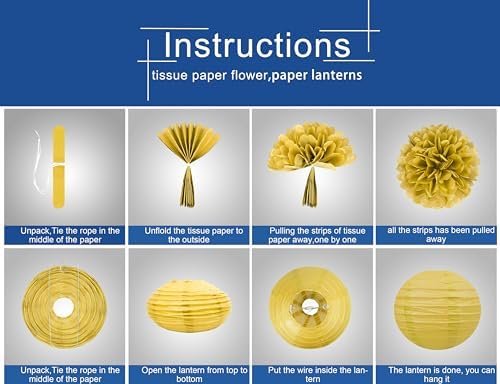 Navy-Blue White Gold Party Decorations - 15Pcs Tissue Pom Poms Paper Flowers Paper Lanterns Graduation Men Boy Birthday Wedding Bridal Baby Shower Father Day Decorations Supplies HongTongTong - Image 3