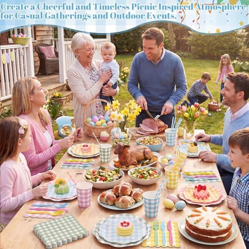 450 Pcs Gingham Tableware Set, Serve 50, Pastel - Image 4