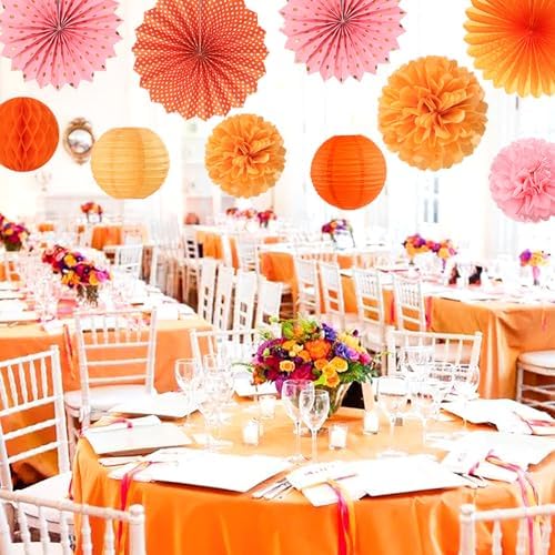 Pink-Orange Groovy Party-Decorations - 20pcs Fall Autumn Thanksgiving Harvest Paper Streamers Lanterns Fans,Tissue Pom Poms,Honeycomb Balls,Bunting,Birthday Baby Bridal Shower Wedding Decor Burgleda - Image 6