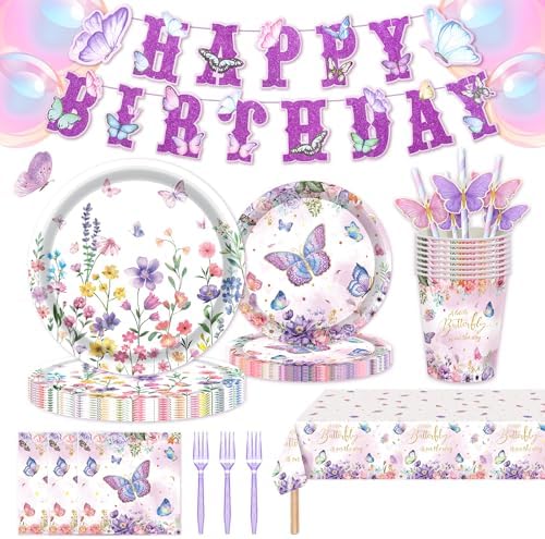 146Pcs Wildflower & Butterfly Plates and Napkins Floral Party Supplies Includes Plates, Napkin, Fork, Cup, Straw, Tablecloth, Banner for Baby Shower Birthday Party Decorations, Serves 24 by MIAOSHOUTAO