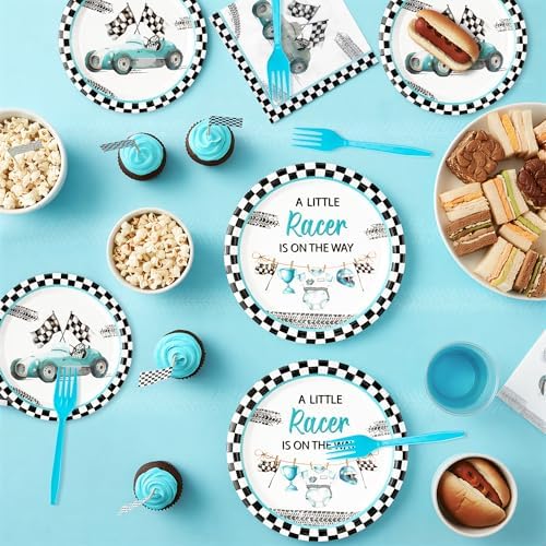 96Pcs Race Car Baby Shower Party Plates Supplies A Little Racer Is On The Way Racing Car Party Tableware Decorations Disposable Paper Plates Napkins Forks for Kids Birthday, Serves 24 - Image 5