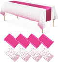MASHAN 8Pack Disposable Plastic Party Tablecloths & Satin Table Runner Set - White Hot Pink Dot - Wedding, Birthday, Baby Shower - 54 x 108 Inch by MASHAN