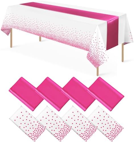 MASHAN 8Pack Disposable Plastic Party Tablecloths & Satin Table Runner Set - White Hot Pink Dot - Wedding, Birthday, Baby Shower - 54 x 108 Inch by MASHAN