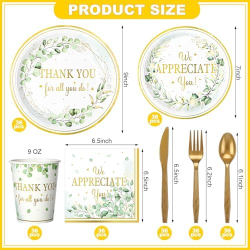 Yungyan 252 Pcs Sage Green Thank You Party Tableware Set Thank You for All You Do We Appreciate You Plates Napkins Cups Cutlery for Employee Teacher Graduation Appreciation Party 36 Guests - Image 2