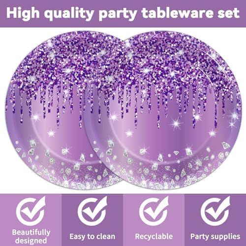 50 Pcs Purple Birthday Plates and Napkins Purple and Silver Happy Birthday Party Supplies for 25 Guests Table Decorations for Women Girl Birthday Decorations Paper Plates Napkins - Image 3