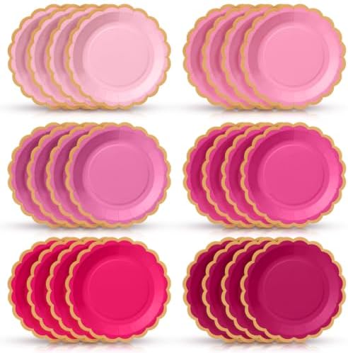 48 Pcs Breast Cancer Awareness Plates 9 Inch Hot Pink Scalloped by Tiangrid