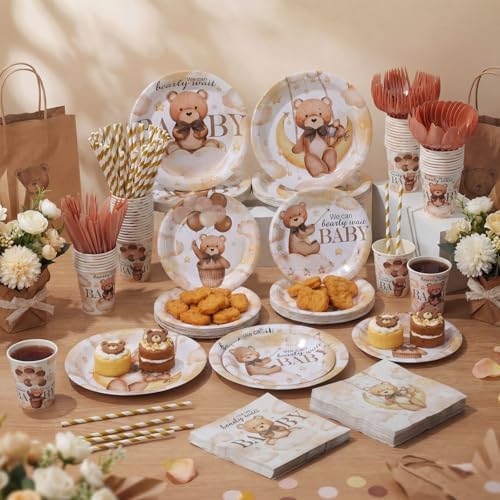 450 Pcs Bear Baby Shower Tableware Set, Serve 50, Brown - Image 6