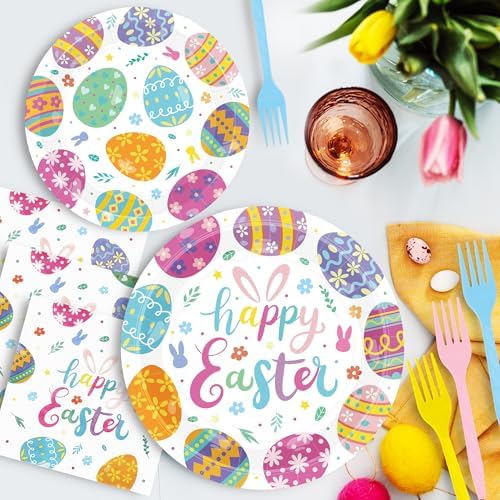 QZYL 96 Pcs Easter Plates and Napkins Set, 9 and 7 Inches Colorful Spring Egg Design Paper Plates Napkins Forks, Disposable Tableware for Easter Decoration Spring Picnic Supplies, Serve 24 Guests - Image 5