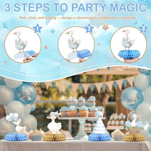 12 Pcs Blue Goose Baby Shower Decorations for Boy - Silly Goose Baby Shower Centerpieces for Tables - Blue Goose Honeycomb Table Decor with Balloon Car for Boy Baby Shower 1st Birthday - Image 3