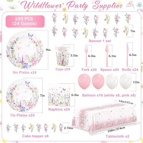 195pcs Wildflower Birthday Party Decoration,Floral Tableware Party Supplies - Image 2