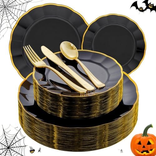 ejonirinjonir 180pcs Double Gold Rim Black Plastic Plates for Birthday by Ejonirinjonir