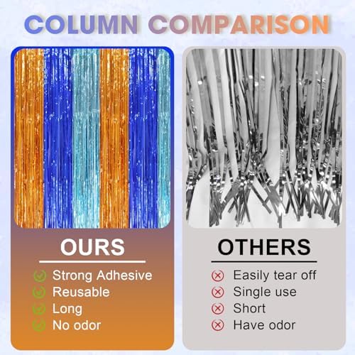 Voircoloria Blue Orange Foil Fringe Backdrop Curtains,3.3x8.2ft, 3 Pack - Image 3