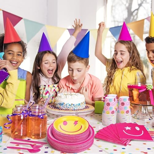 Kochorie 400 Pieces Preppy Smiley Face Party Tableware Set Paper Smile Face Plates Napkins Paper Cups Cutlery for Preppy Birthday Party Decorations Baby Shower Decor, Serve 50 Guest - Image 6