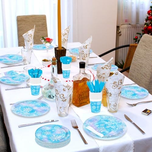 175 Pcs Snowflake Winter Wonderland Tableware Set - Serves 25, Snowflake-Themed Disposable Plates, Cups, Napkins, Forks, Spoons, Knives for Christmas, Winter Party Supplies, Holiday Gatherings - Image 6