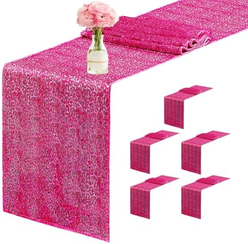 6 Packs 12 x 72 inches Sequin Table Runner, Hot Pink Glitter Table Runner for Birthday Party Supplies Wedding Engagement Baby Shower Holiday Celebration Event Decorations by Yblut