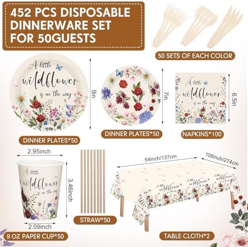 452 Pcs Wildflower Baby Shower Party Supplies for 50 Guest, Vintage a Little Wildflower Is on the Way Paper Plates Napkins Cups Tablecloth Cutlery Straws for Spring Summer Baby Shower Party Decoration - Image 2
