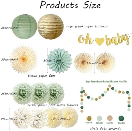Sage Green Baby Shower Decorations Oh Baby Banner Tissue Paper Pom Poms Flowers Paper Fans Circle Dot Garland Neutral Party Supplies Boy Girl Gender Reveal Birthday Party Decorations - Image 6
