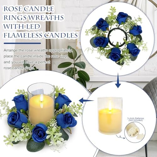 6 Sets Artificial Roses Candle Rings with LED Candles, Royal Blue - Image 3
