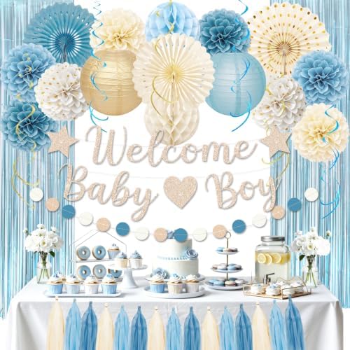 Dusty Blue Baby Shower Decorations with Banner Fringe Curtains by Unknown