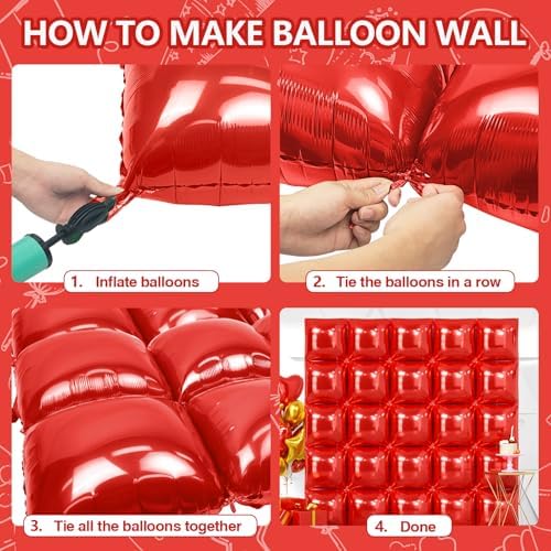 NISOCY 25PCS Metallic Red Square Foil Balloons Wall Backdrop - Image 4