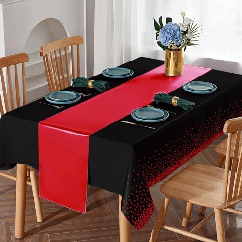 16Pack Disposable Plastic Party Tablecloths and Satin Table Runner Set Black and Red Dot Table Cloth Red Satin Table Runner for Wedding Birthday Baby Shower Anniversary Holiday Party Decorations - Image 4