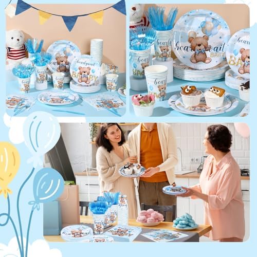 350pcs Bear Baby Shower Decorations for 50 Guests Party Supplies for Boy Include Paper Plate, Napkin, Cup and Disposable Plastic Tableware - Image 5