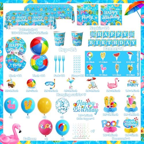 Pool Birthday Party Supplies,Summer Beach Party Decorations Paper Plates,Napkins,Balloon,Banner,Cupcake Topper for Summer Hawaiian Beach Pool Birthday Supplies Serves 24 - Image 6