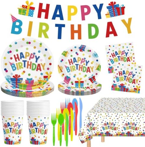 170 Pcs Happy Birthday Decorations - Colorful Polka Dots Birthday Party Plates and Napkins Banner Cups Tablecloth Forks Tableware for Birthday Party Decor Supplies Favors, Serves 24 by Litmitfu