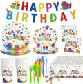 170 Pcs Happy Birthday Decorations - Colorful Polka Dots Birthday Party Plates and Napkins Banner Cups Tablecloth Forks Tableware for Birthday Party Decor Supplies Favors, Serves 24 by Litmitfu