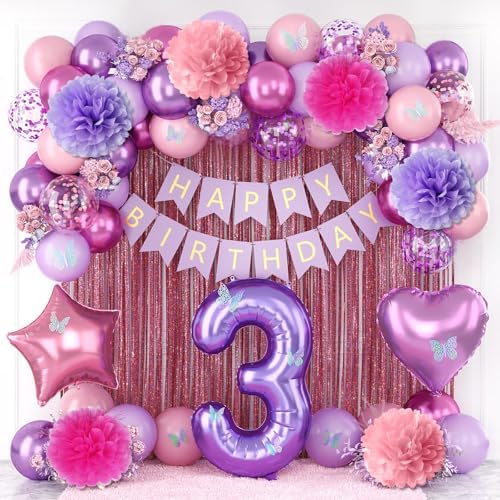 Pink Purple 3rd Birthday Party Decoration for Girls Number 3 Princess Decor by KAINSY