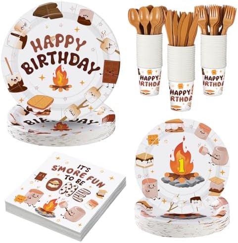 Yungyan 252 Pcs S'mores Camping Birthday Party Tableware Set Included Plates Napkins Cups Forks Knives Cutlery for Party Decorations Supplies 36 Guests by Yungyan