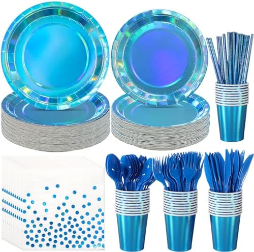 Iridescent Blue Party Supplies Decorations Serve 25, Holographic Blue Paper Plates and Napkins, Disposable Iridescent Party Plates Cups Napkins for Wedding Anniversary Birthday Bridal Shower Party by EnjoyYourFunnyParties