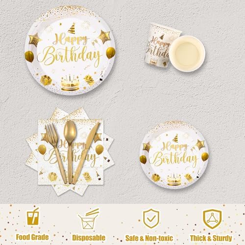 Vesici 171 Pcs Happy Birthday Party Supplies 24 Set Table, White, Gold - Image 5