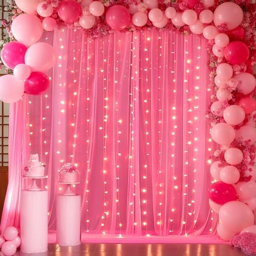 Hot Pink Tulle Backdrop Curtain with Lights for Parties 10x8ft Fuchsia Sheer Backdrop Curtains for Weddings Birthday Baby Shower Photo Shoot Background Decorations - Image 4