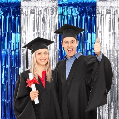 6Pack 3.3Ft x 6.6Ft Graduation Foil Fringe Curtain Backdrop Decorations, Blue Silver Metallic Tinsel Foil Streamers Curtain Photo Booth Background for Graduation Prom Wedding Birthday Party Decoration - Image 2