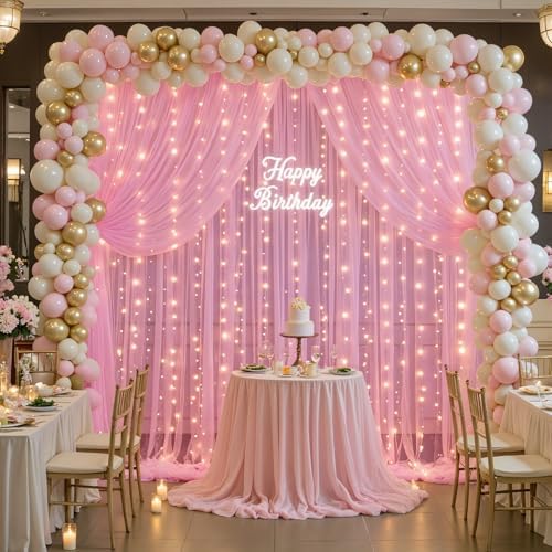 10ft×15ft Pink Tulle Backdrop Curtains with Lights String for Parites Pink Sheer Backdrop Curtains for Baby Shower Girls Birthday Party Wedding Bridal Shower Photo Shoot Background 2 Panels 5×15ft - Image 3