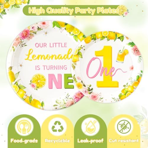 96Pcs Lemon 1st Party Plates Supplies Pink Yellow Our Little Lemonade Is Turning One First Birthday Tableware Decorations Disposable Paper Plates Napkins Forks for Kids Baby Shower, Serves 24 - Image 3