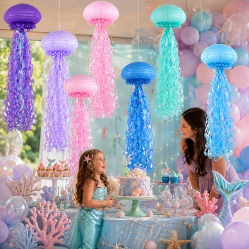 6-Pack Jellyfish Paper Lanterns, Under the Sea Party Decorations - Image 2