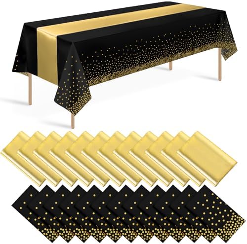 24 Pack Black and Gold Tablecloth and Table Runner Set Party Decorations, Black and Gold Plastic Disposable Tablecloth and Satin Table Runner for Wedding Birthday Bridal Graduation Anniversary Party by Zachely