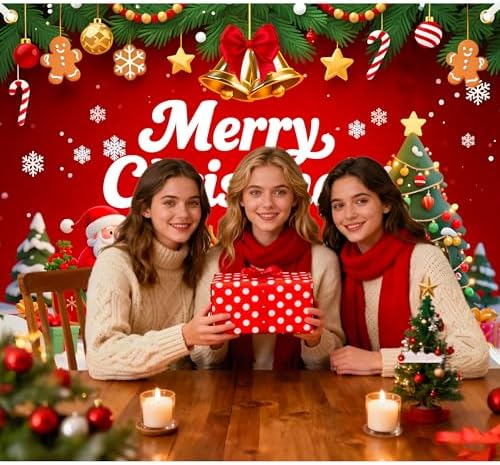 7x5ft Merry Christmas Backdrop Christmas Party Decoration Banner Xmas Backdrops for Wall Snowy Winter Santa Claus Elk Gifts Banner New Year Eve Family Party Supplies with 19.68ft Ribbon - Image 5