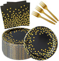 150 PCS Black and Gold Paper Plates and Napkins Party Supplies,Serves 25 Guests Black Gold Plates and Napkins,Disposable Paper Tableware Set for Birthday Graduation Retirement Decorations by Upigi