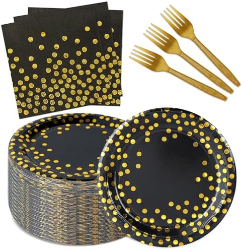 150 PCS Black and Gold Paper Plates and Napkins Party Supplies,Serves 25 Guests Black Gold Plates and Napkins,Disposable Paper Tableware Set for Birthday Graduation Retirement Decorations by Upigi