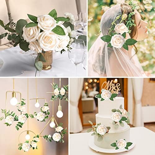 AmyHomie Champagne Rose 100pcs Real Looking Artificial Flowers w/Stem - Image 6