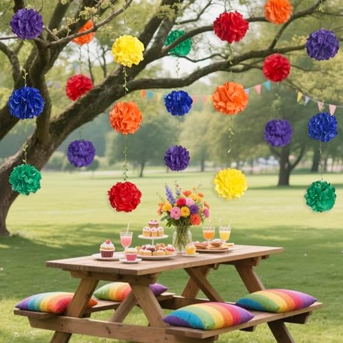 Rainbow Party Decorations Colorful Tissue Paper Flowers Pom Pom with Leaf Ribbon Hanging Garland Streamer for Multi-Color Birthday Wedding Shower Carnival Clown Fiesta Festival Party Supplies - Image 7