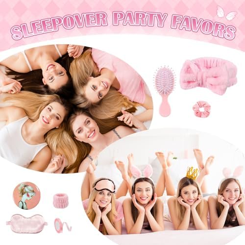 9 Pcs Sleepover Party Supplies for Girls Include Spa Headband Sleep Eye Mask Pink Scrunchie with Coquette Bow Mirror Hair Comb Gift Bags for DIY Spa Sleepover Slumber Wedding Birthday Party Favors - Image 5